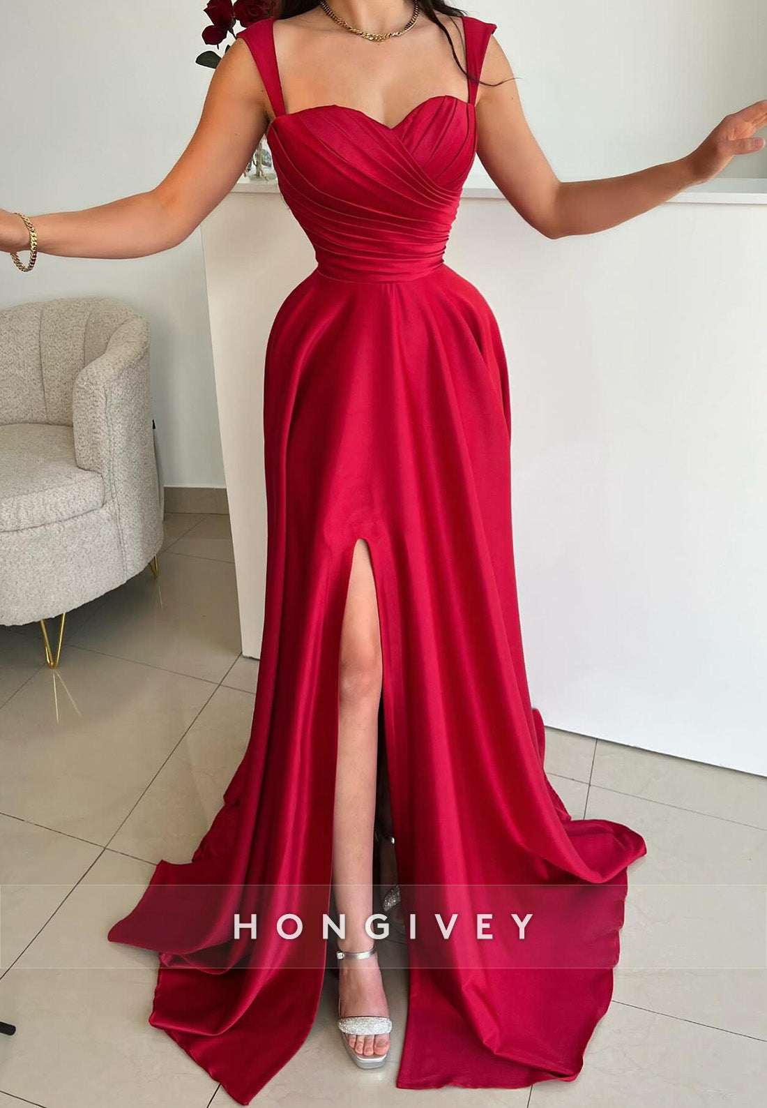 L2971 - Casual A-Line Sweetheart Spaghetti Straps With Side Slit Prom Evening Dress