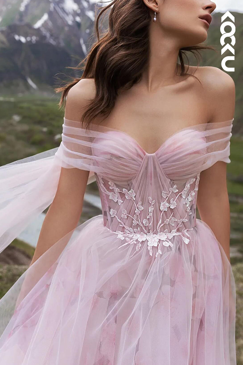 K2097 - Couture & Ornate Off-Shoulder A-Line Tulle Printed Wedding Dress