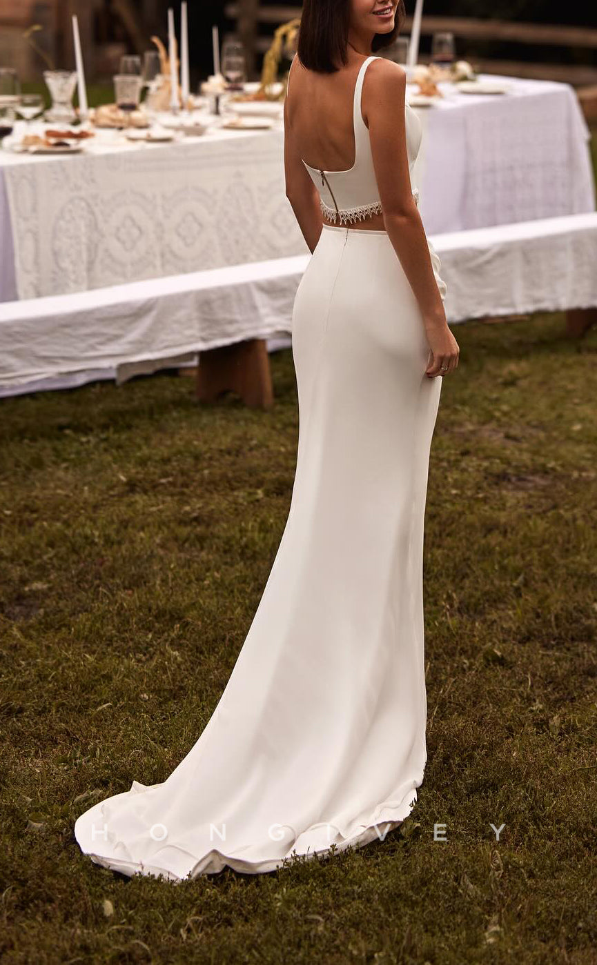 H1745 - Square Spaghetti Straps Two-Piece Pleats With Train Cocktail Wedding Dress