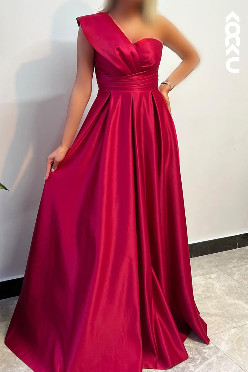 M6295 - Classic & Timeless Sleeveless One Shoulder A-Line Satin Mother of the Bride Dress