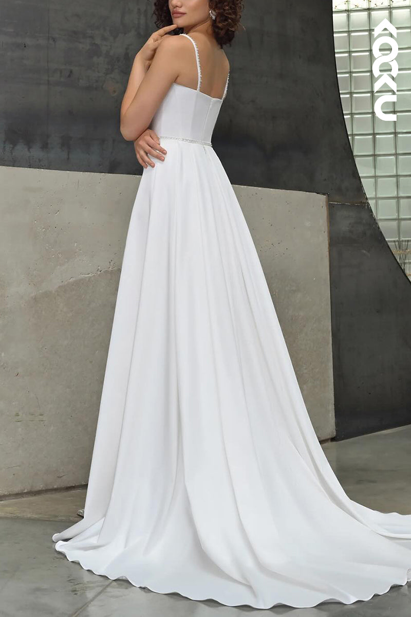 K2096 - Elegant & Simple Spaghetti Straps A-Line Ruched Side Slit Wedding Dress