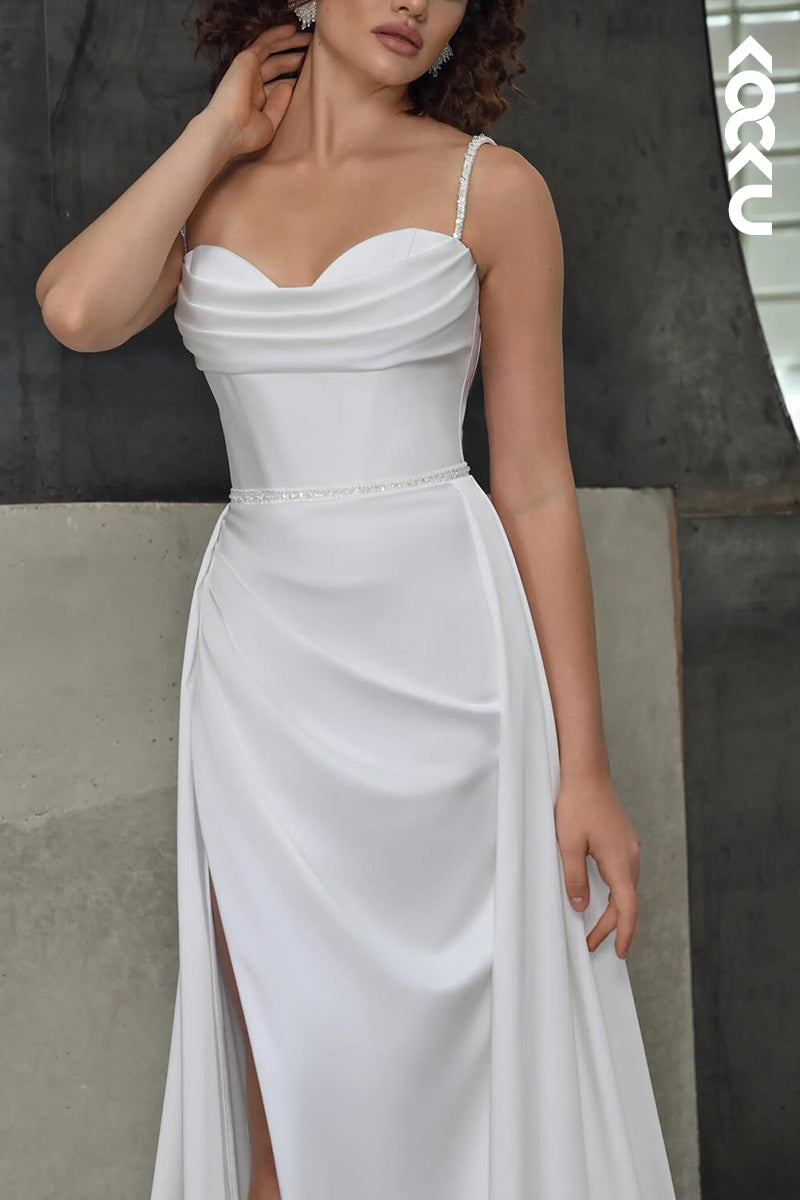 K2096 - Elegant & Simple Spaghetti Straps A-Line Ruched Side Slit Wedding Dress