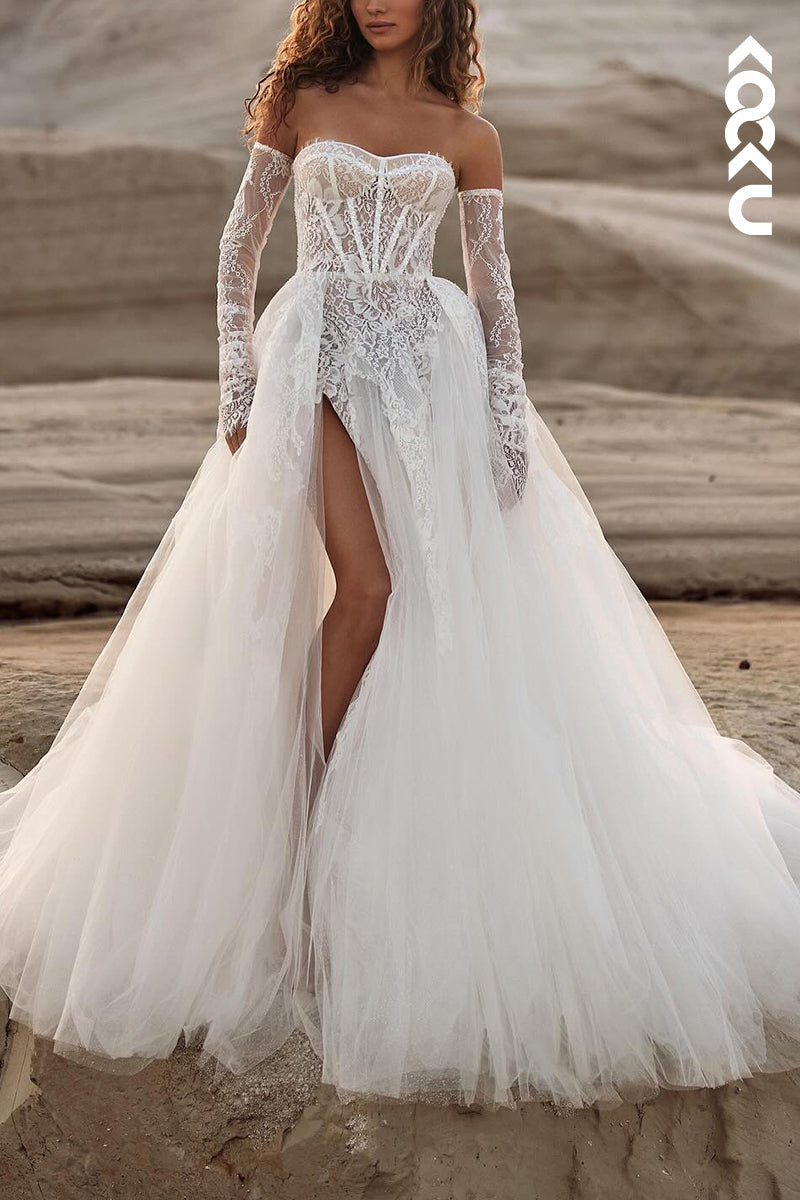 K2111 - Gorgeous & Charming Long Sleeves Appliques A-Line Slit Tulle Wedding Dress