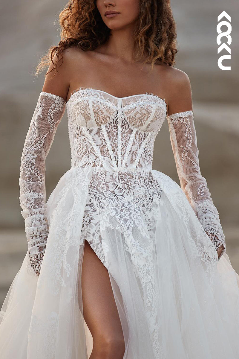 K2111 - Gorgeous & Charming Long Sleeves Appliques A-Line Slit Tulle Wedding Dress