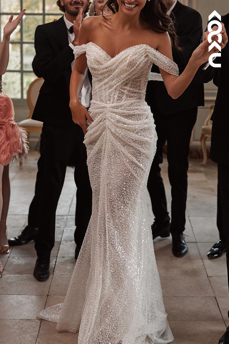 K2110 - Elegant & Luxurious Off-Shoulder Trumpet/Mermaid Ruched Sequins Wedding Dress