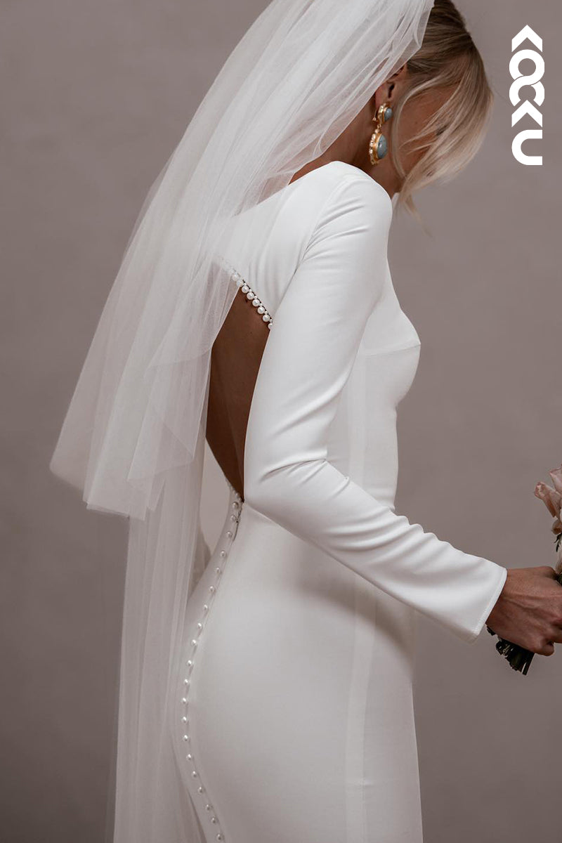 K2117 - Chic & Sexy Open- Back Long Sleeves Sheath Sweep/Brush Train Wedding Dress