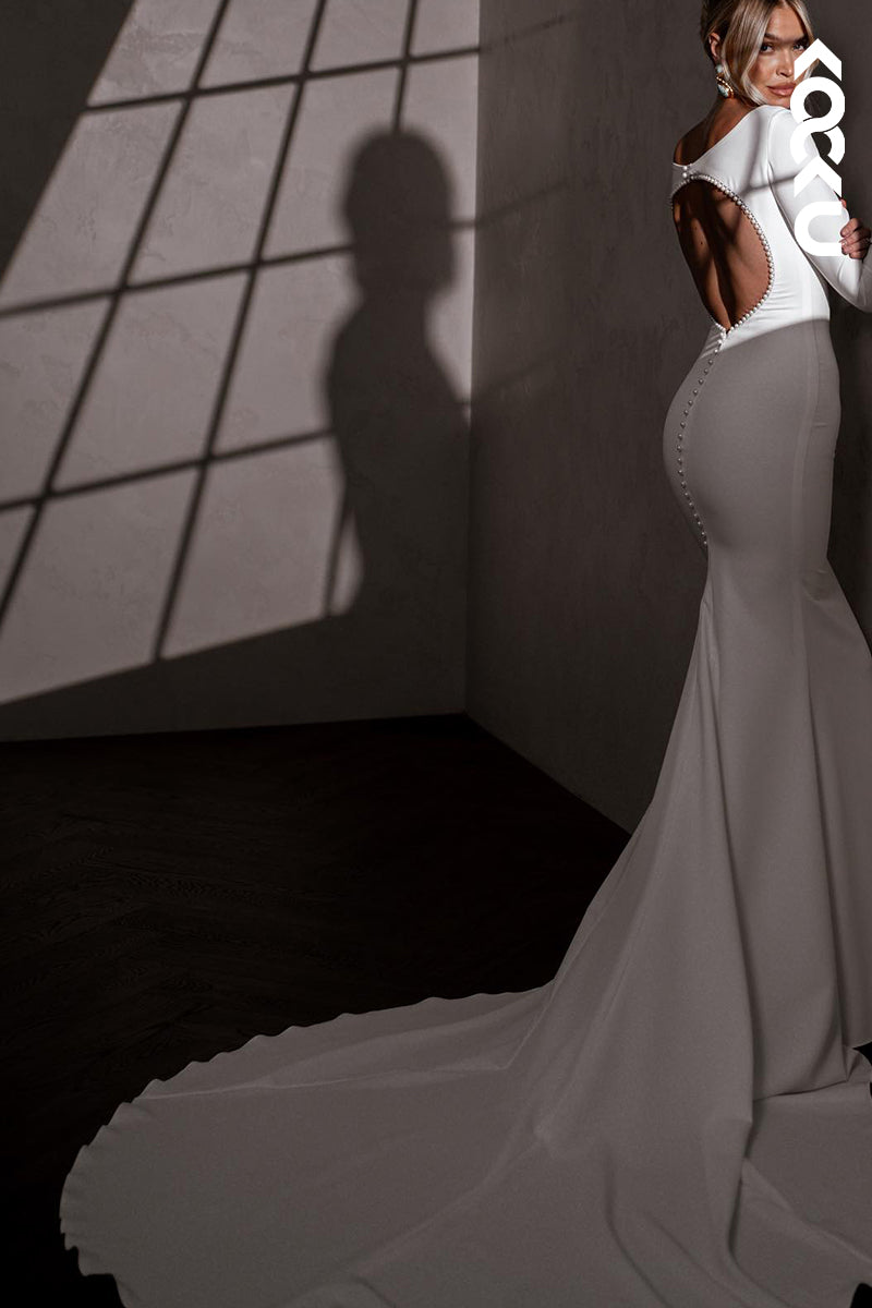 K2117 - Chic & Sexy Open- Back Long Sleeves Sheath Sweep/Brush Train Wedding Dress