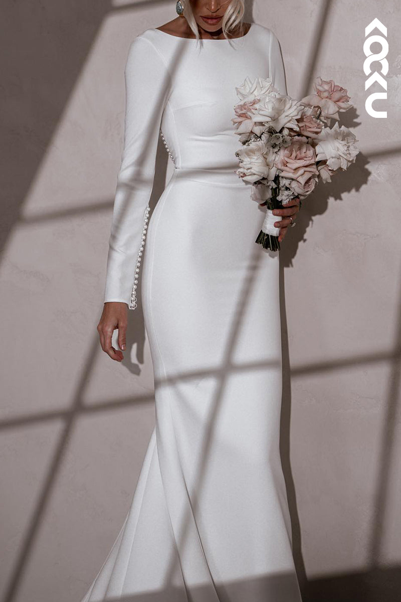 K2117 - Chic & Sexy Open- Back Long Sleeves Sheath Sweep/Brush Train Wedding Dress