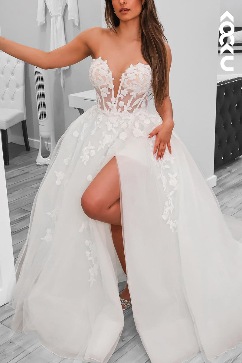 K2129 - Elegant & Luxurious V-Neck Appliques A-Line Side Slit Tulle Wedding Dress