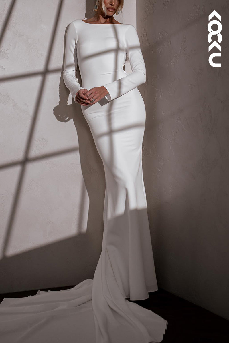 K2117 - Chic & Sexy Open- Back Long Sleeves Sheath Sweep/Brush Train Wedding Dress