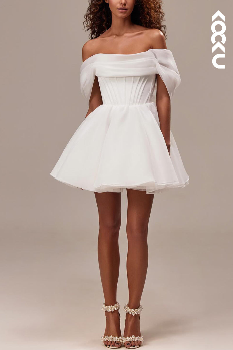 K2142 - Chic & Modern Off-Shoulder Sleeveless A-line Lce-up Short Mini Wedding Dress