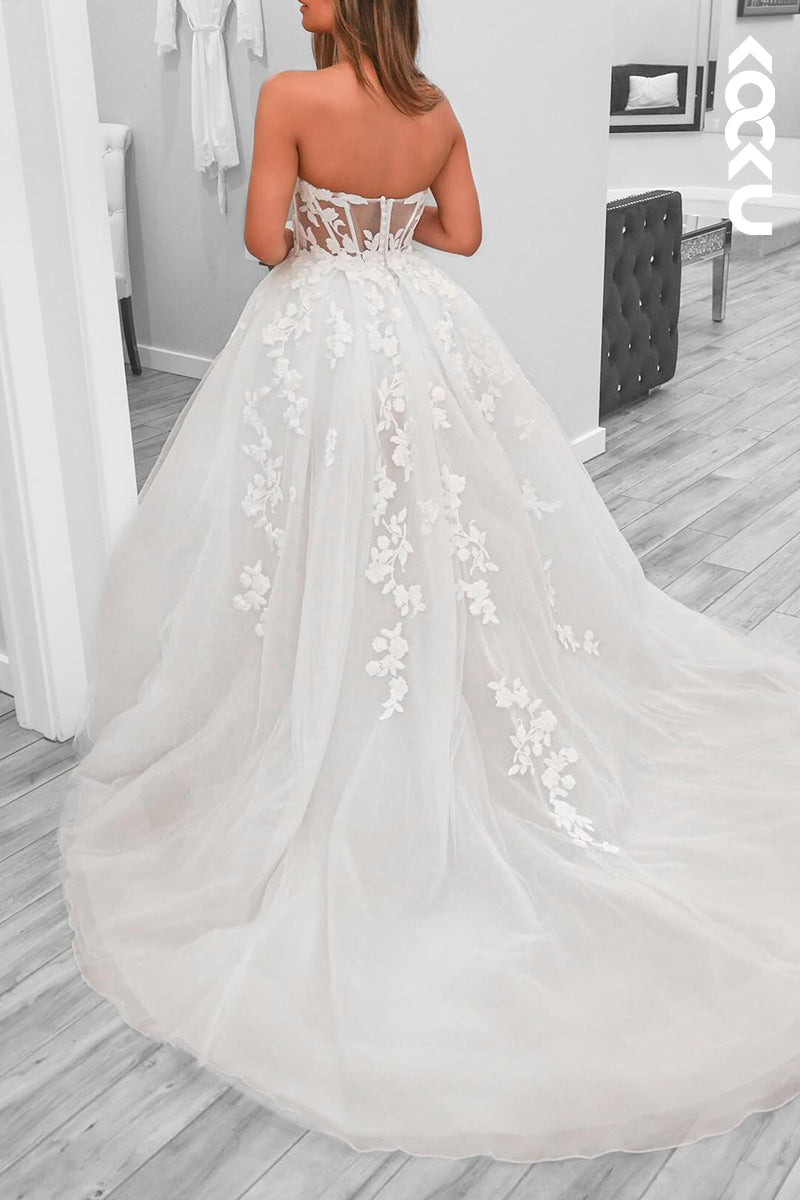 K2129 - Elegant & Luxurious V-Neck Appliques A-Line Side Slit Tulle Wedding Dress