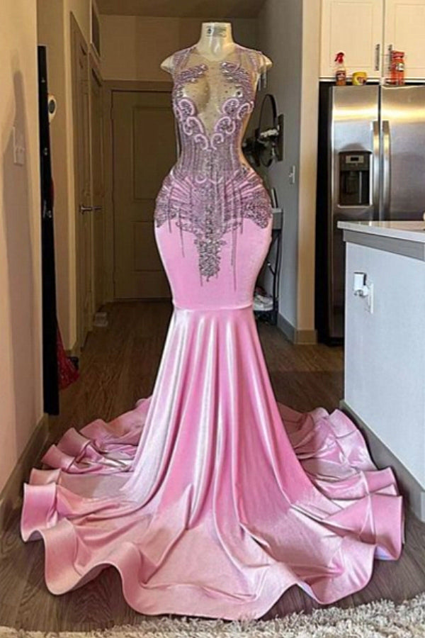 Gorgeous Pink Long Mermaid Beaded Floor Length Prom Party Dresses