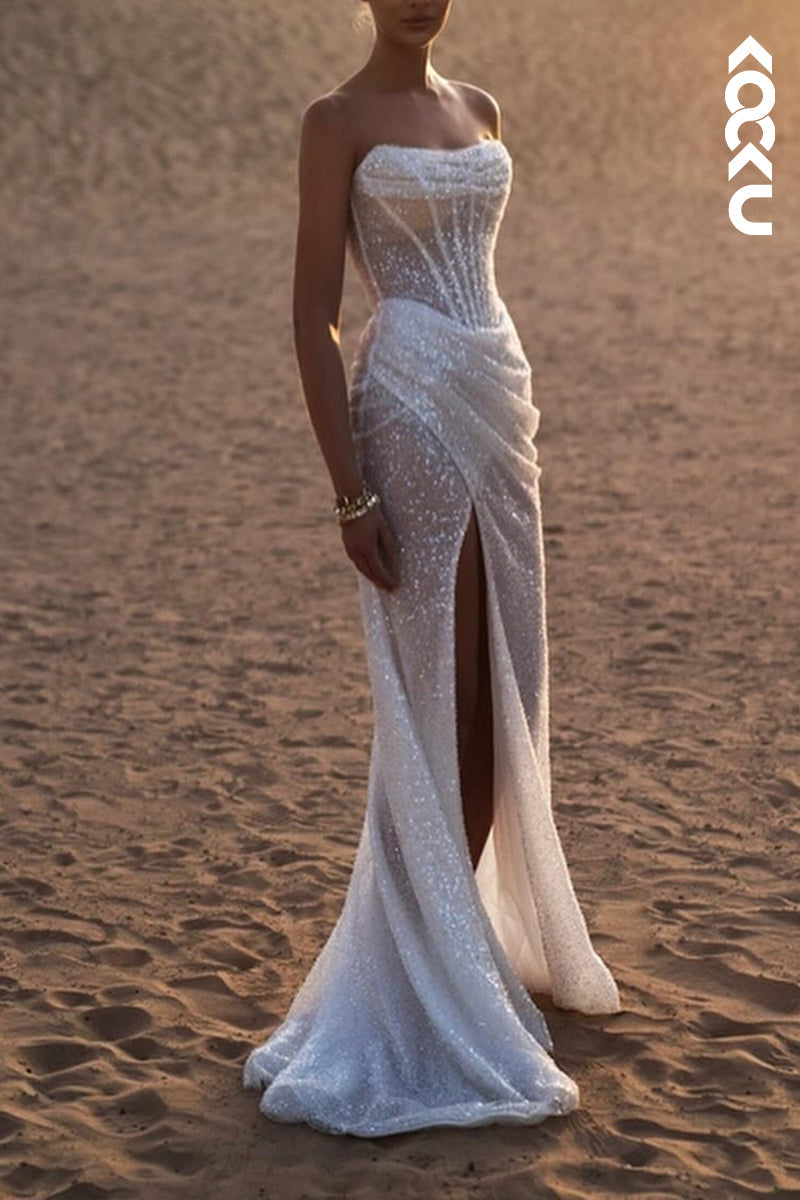 K2107 - Elegant & Luxurious Off-Shoulder Sleeveless Trumpet/Mermaid Sequins Ruched Wedding Dress