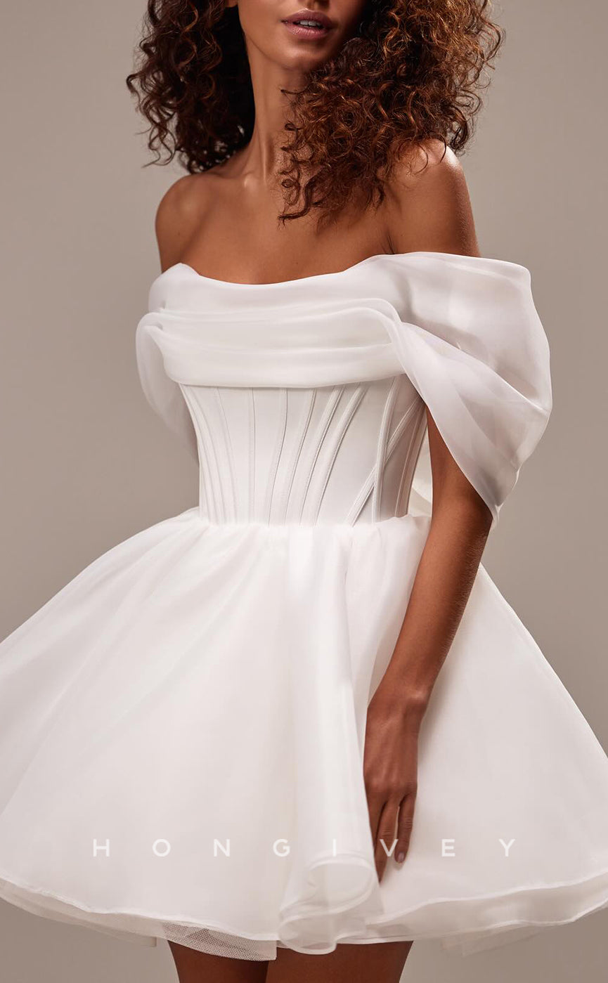 H1763 - Chic Tulle A-Line Off-Shoulder Lace-Up Short Wedding Dress