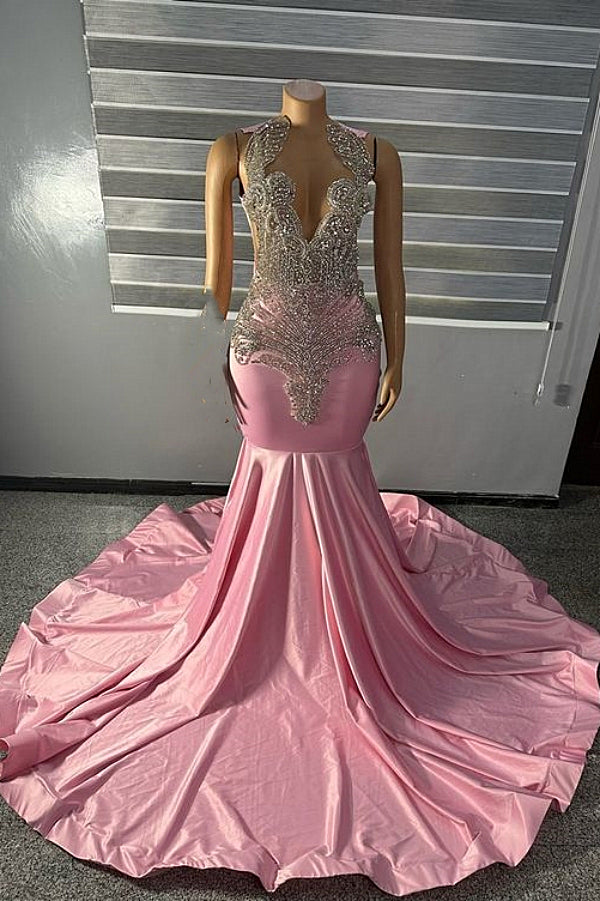 Glamorous High Neck Unique Silver Beaded Pink Mermaid Prom Party Dresses