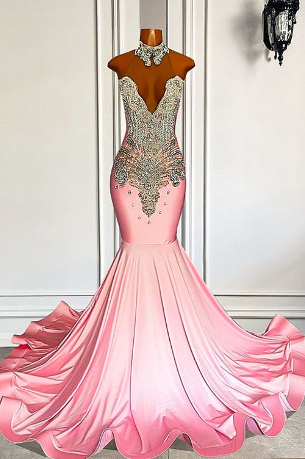 Fabulous Long Sweetheart Silver Beaded Pink Mermaid Satin Prom Party Dresses