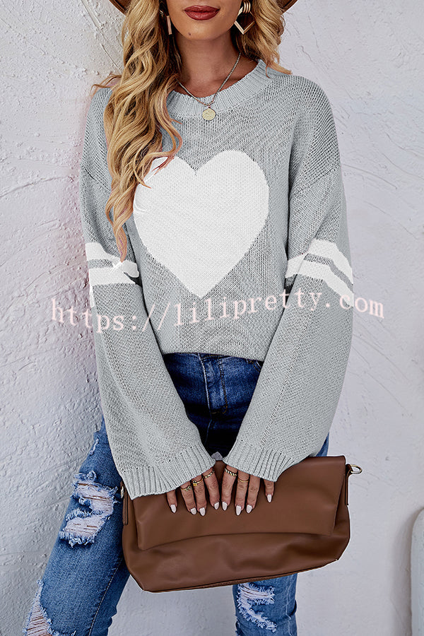 Contrast Color Round Neck Pullover Love Heart Knitted Long Sleeved Sweater