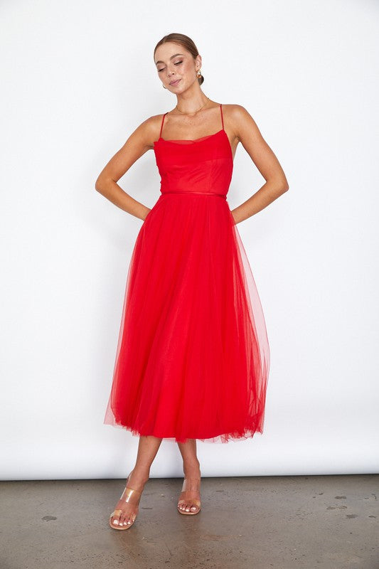 Tulle Ballerina Midi Dress With Cowl Front And Lace Up Open Back