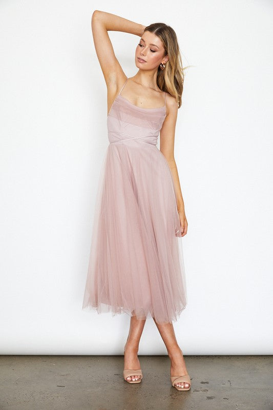 Tulle Ballerina Midi Dress With Cowl Front And Lace Up Open Back