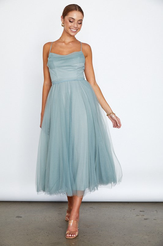 Tulle Ballerina Midi Dress With Cowl Front And Lace Up Open Back