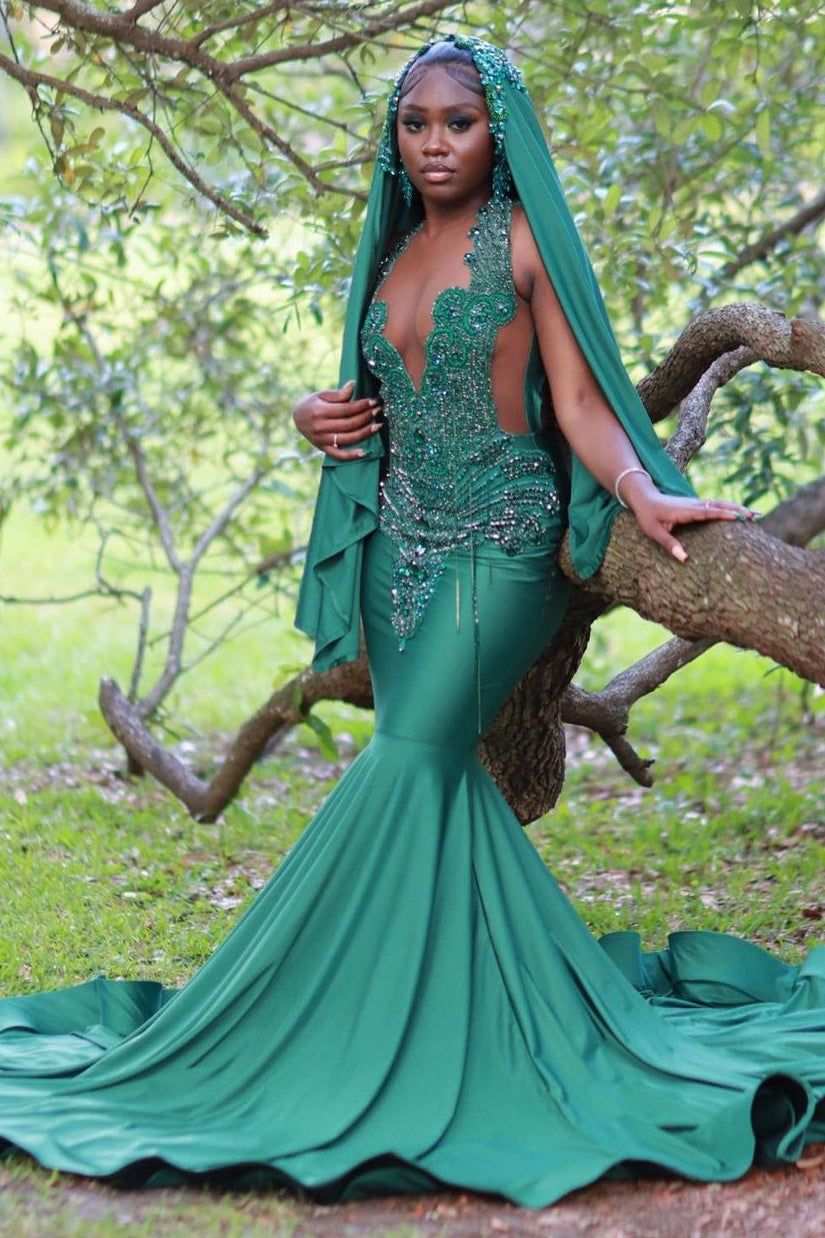 Fabulous Long V-Neck Mermaid Sleeveless Beading Sweep Train Prom Dresses