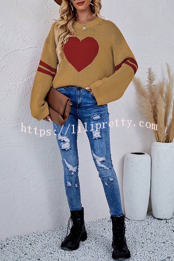 Contrast Color Round Neck Pullover Love Heart Knitted Long Sleeved Sweater