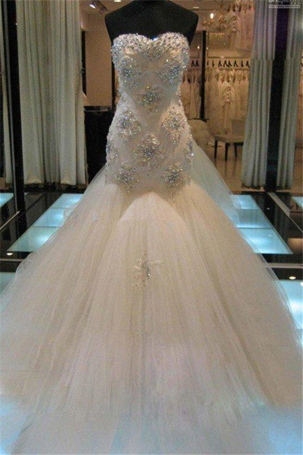 Court Train Mermaid Beading Sleeveless Tulle Sweetheart Wedding Dresses