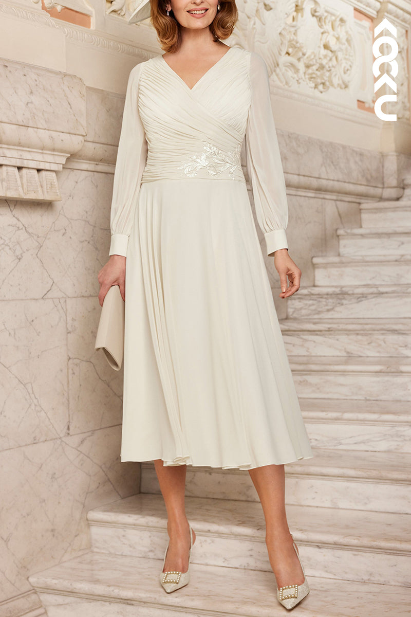 M6288 - Classic & Timeless Long Sleeves A-Line V-Neck Chiffon Mother of the Bride Dress