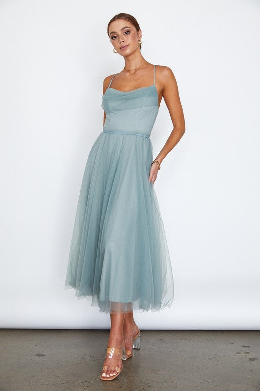 Tulle Ballerina Midi Dress With Cowl Front And Lace Up Open Back