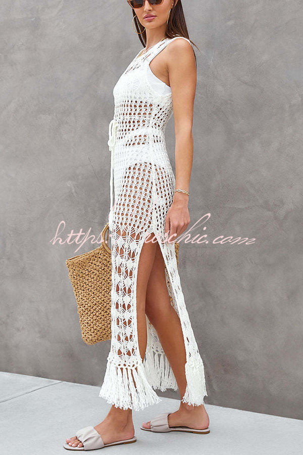 Sunset Cocktail Knit Crochet Tassel Trim Cover-up Maxi Dress