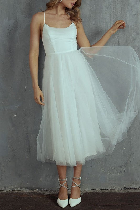 Tulle Ballerina Midi Dress With Cowl Front And Lace Up Open Back