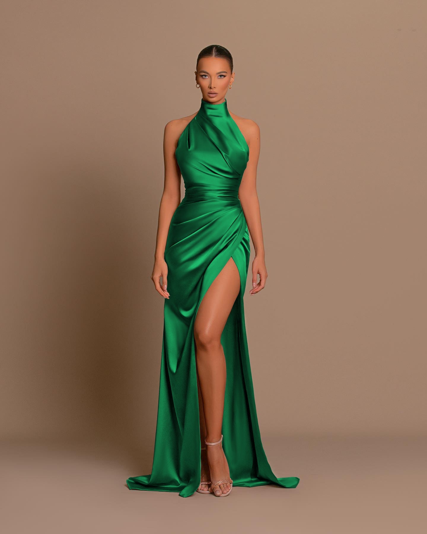 B4187 - High Neck Halter Ruched Satin Sheath Long Bridesmaid Dress With Slit