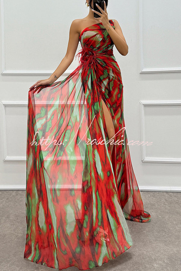 Amazing Views Watercolor Print Feather Rose Detail Off Shoulder Pleated Slit Maxi Dress