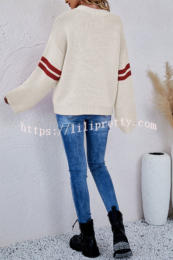 Contrast Color Round Neck Pullover Love Heart Knitted Long Sleeved Sweater