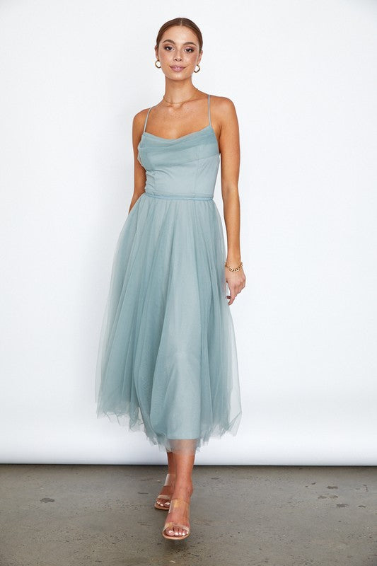 Tulle Ballerina Midi Dress With Cowl Front And Lace Up Open Back