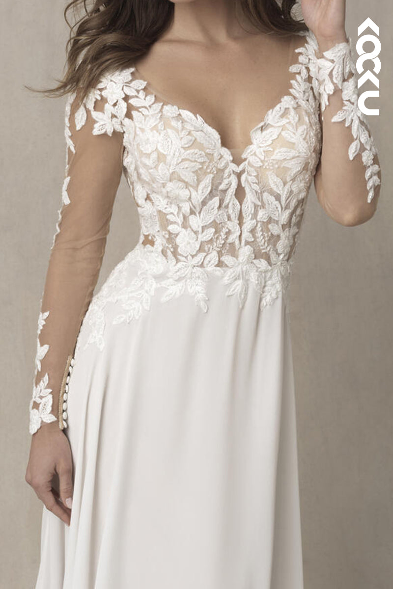 K2182 - V-Neck Elegant & Luxurious Long sleeves A-Line Open Back Appliques Wedding Dress