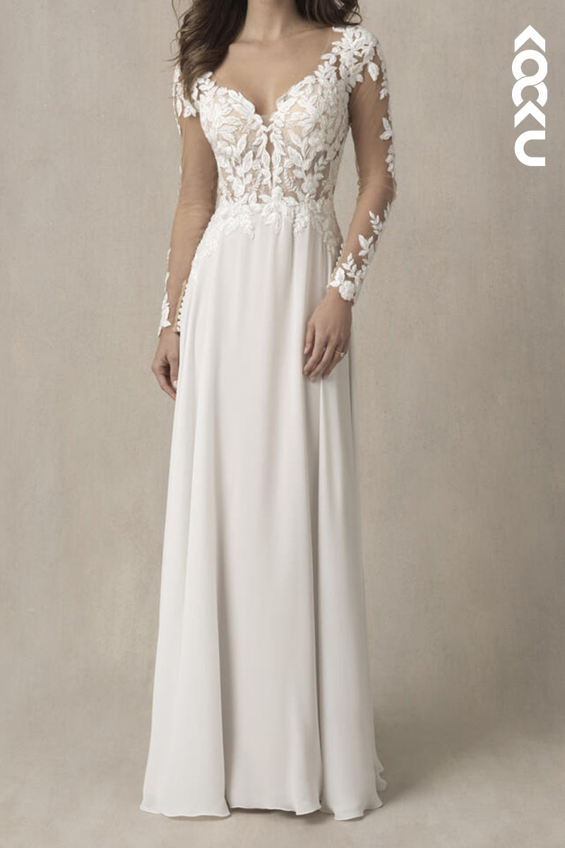 K2182 - V-Neck Elegant & Luxurious Long sleeves A-Line Open Back Appliques Wedding Dress