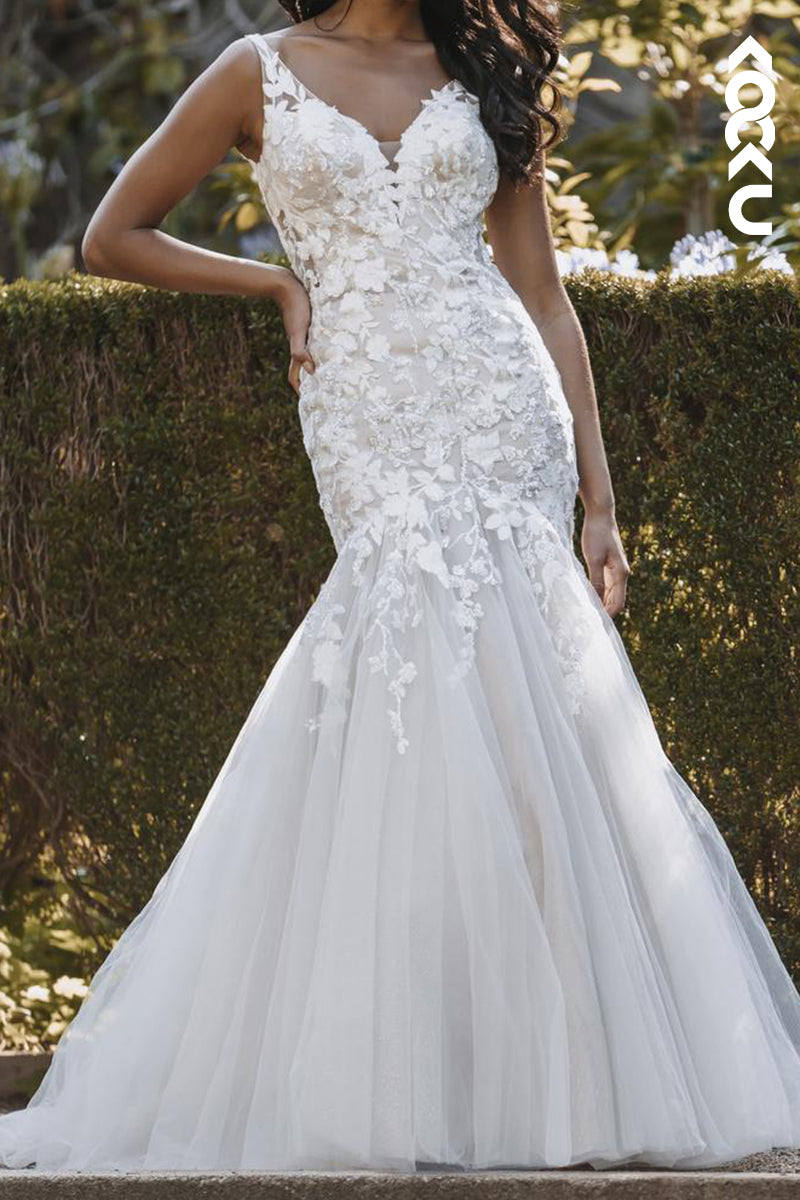 K2180 - Couture & Ornate V-Neck Straps Mermaid Appliques Tulle Wedding Dress