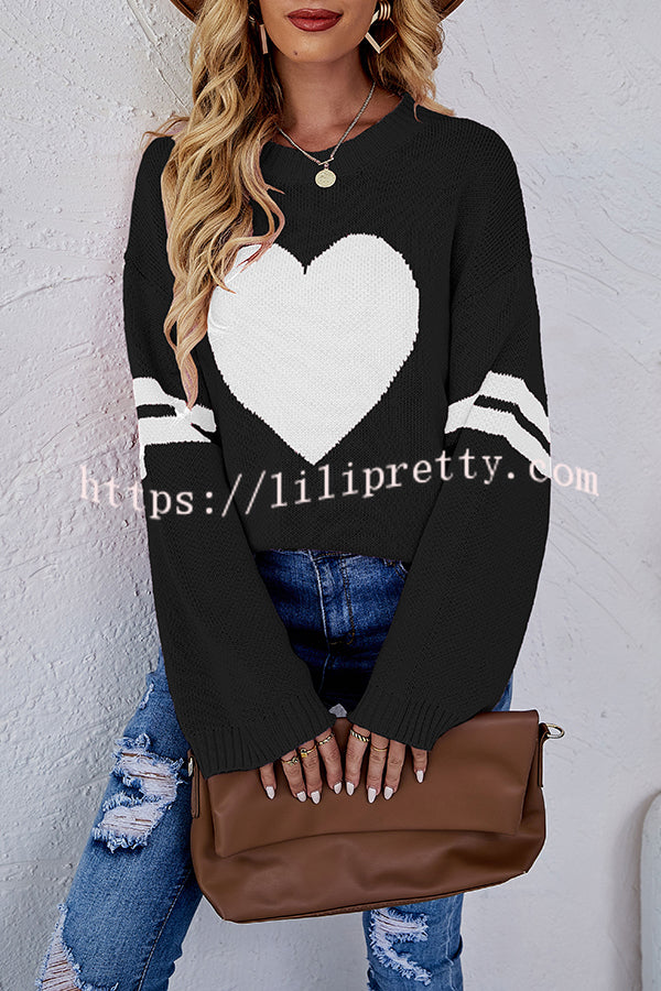 Contrast Color Round Neck Pullover Love Heart Knitted Long Sleeved Sweater