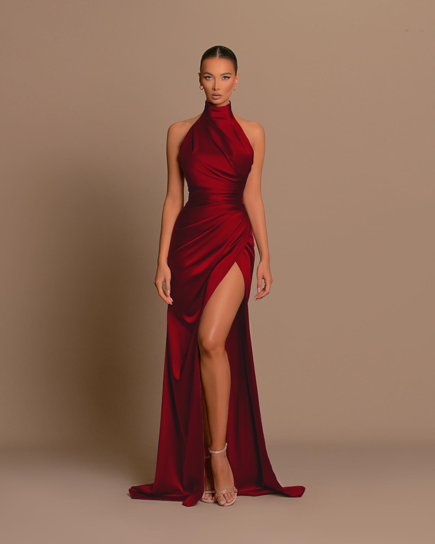 B4187 - High Neck Halter Ruched Satin Sheath Long Bridesmaid Dress With Slit