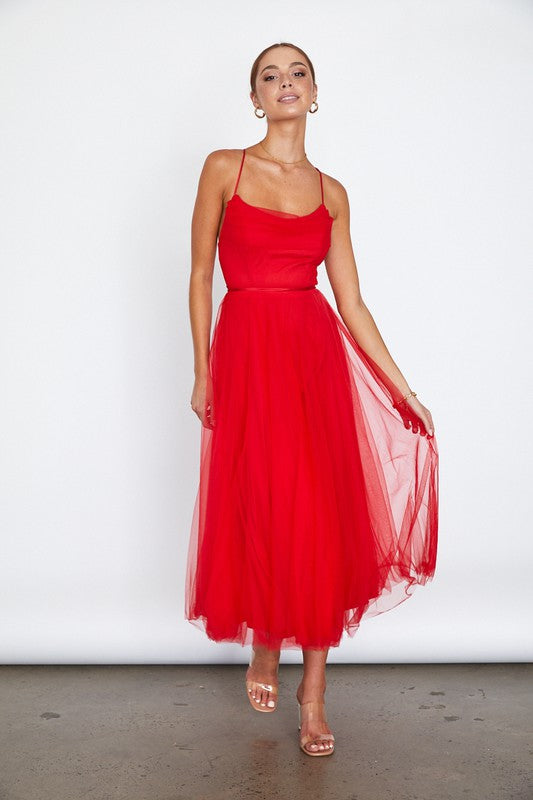 Tulle Ballerina Midi Dress With Cowl Front And Lace Up Open Back