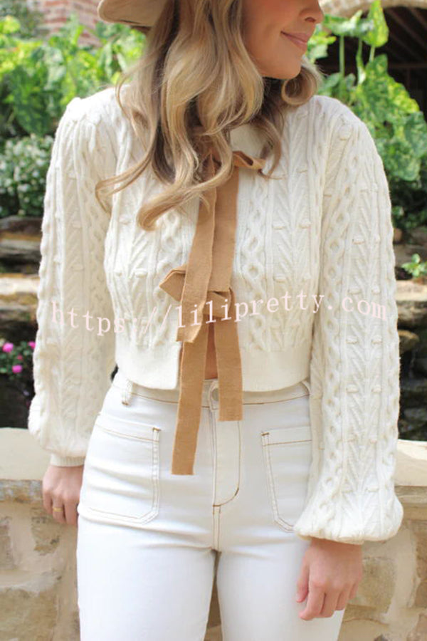 Cute and Warm Knit Cable Bow Detail Crop Sweater