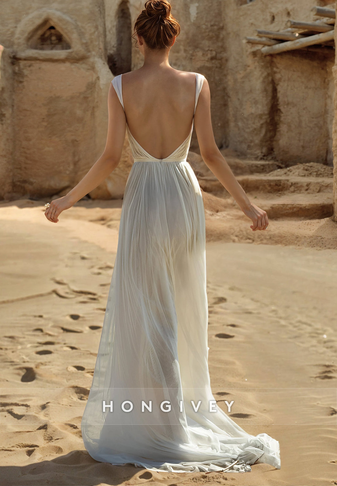 H1768 - Chiffon A-Line Spaghetti Straps Sweetheart With Side Slit Beach Wedding Dress