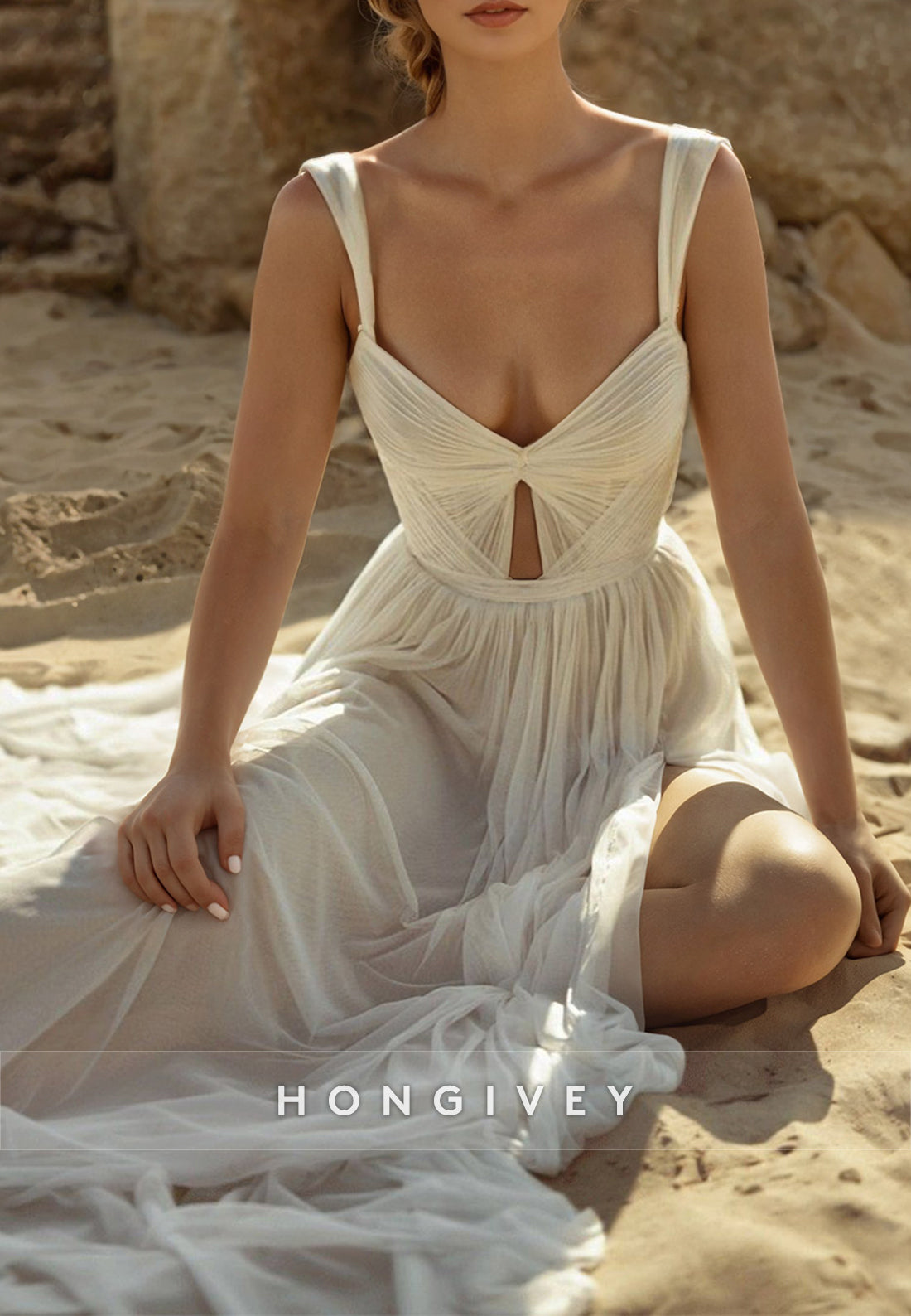 H1768 - Chiffon A-Line Spaghetti Straps Sweetheart With Side Slit Beach Wedding Dress