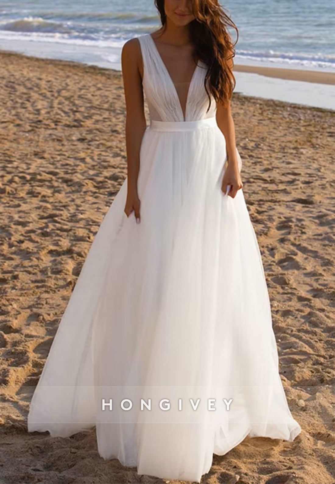 H1767 - A-Line V-Neck Sleeveless Chiffon Beach Wedding Dress