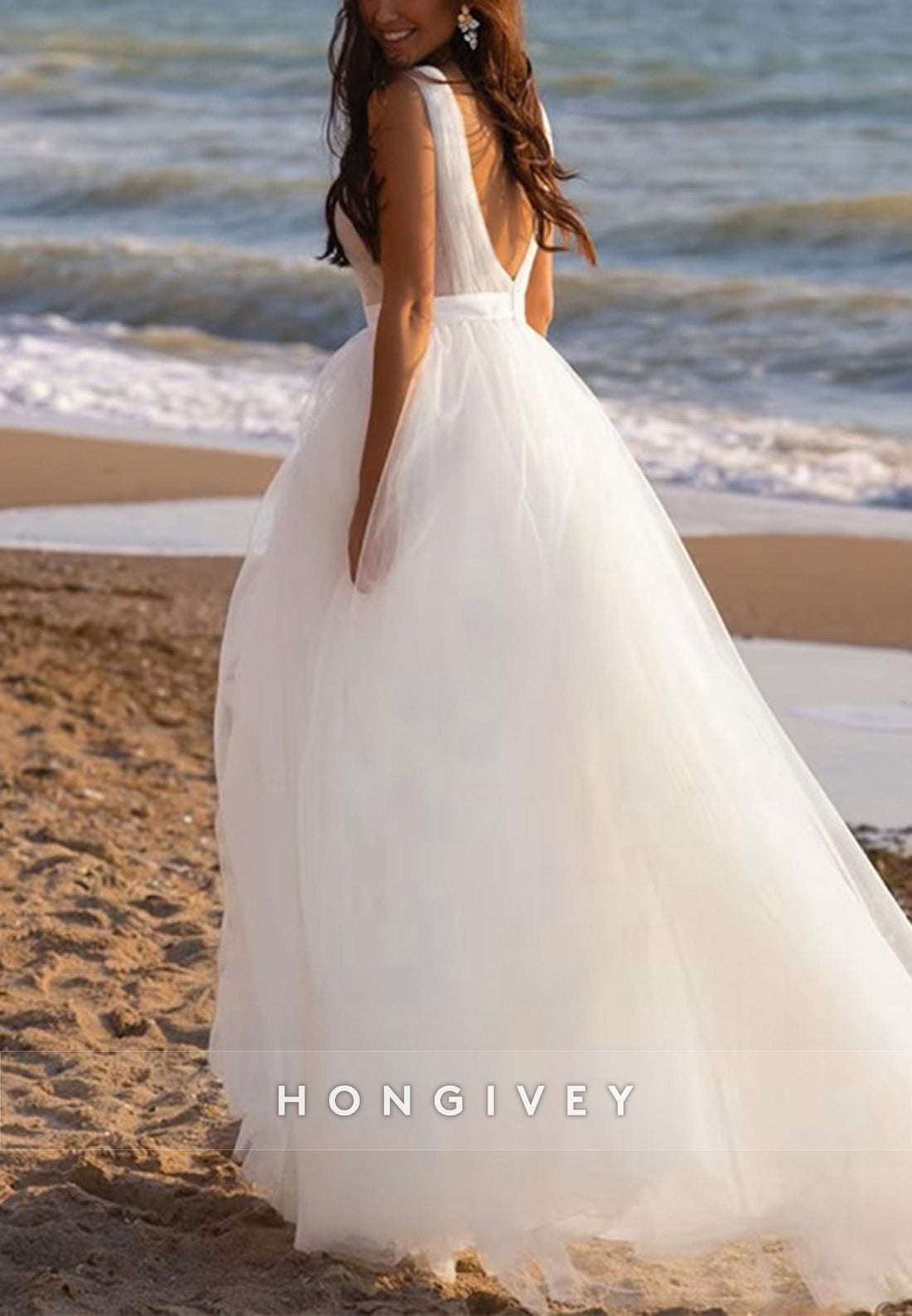 H1767 - A-Line V-Neck Sleeveless Chiffon Beach Wedding Dress