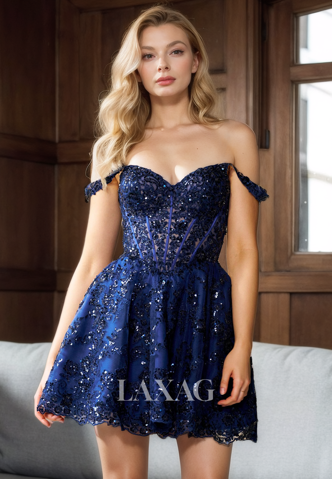 A-Line Off Shoulder Lace Appliques Sequins Party Homecoming Dress