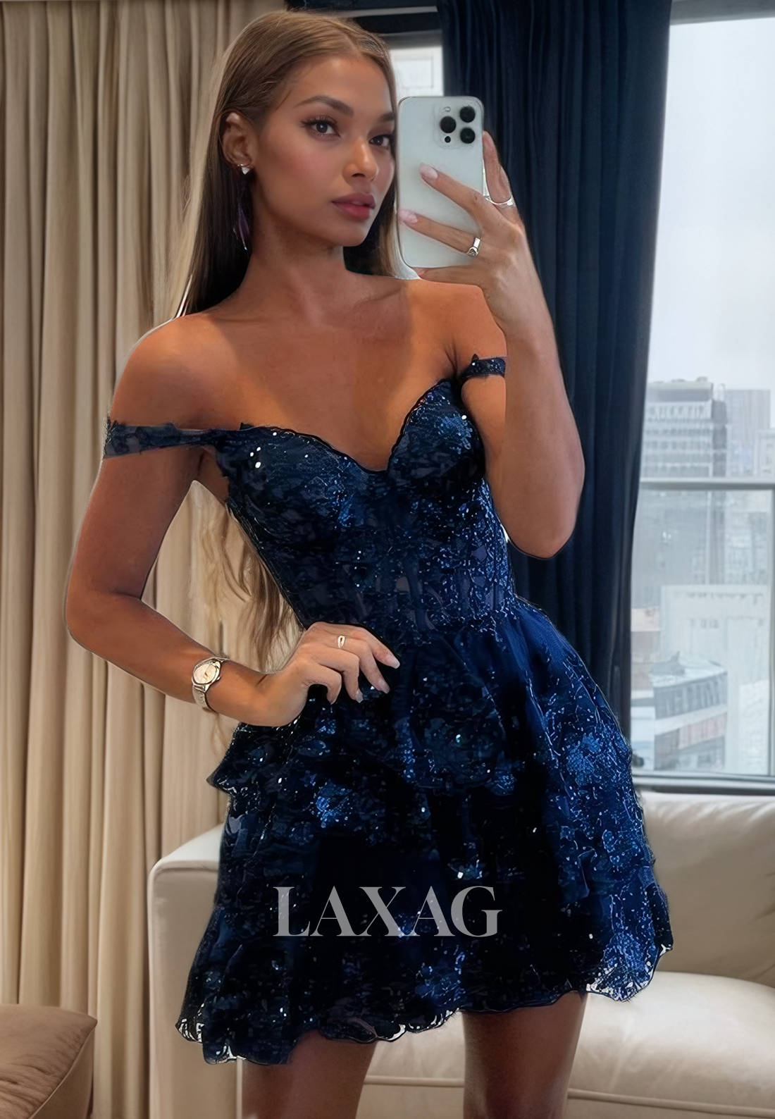 A-Line Off Shoulder Lace Appliques Sequins Tiered Party Homecoming Dress