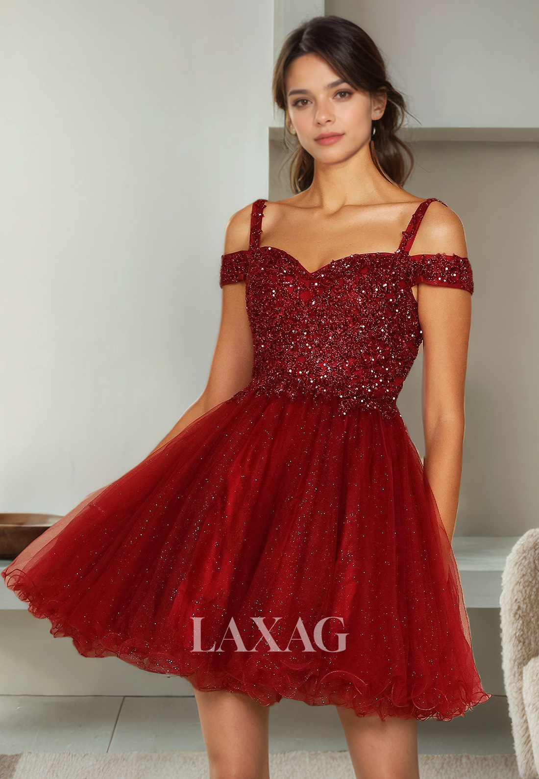 A-Line Off Shoulder Straps Beaded Tulle Sequins Party Homecoming Dress